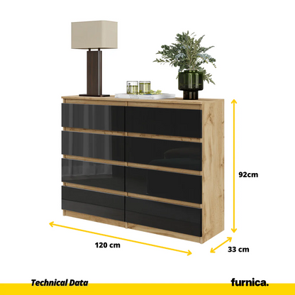 GABRIEL - Cómoda de 8 cajones - Armario de almacenamiento para dormitorio - Roble Wotan / Negro Brillante A92cm A120cm (2)