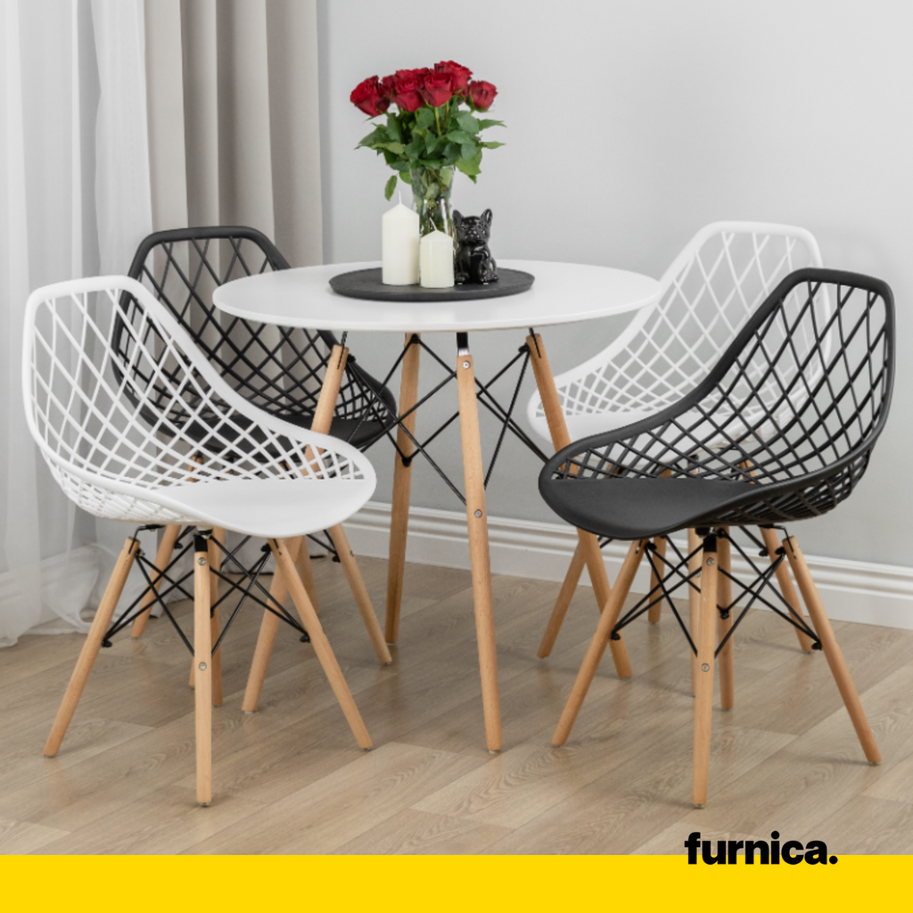 DARIO - Silla de plástico perforado para comedor / oficina con patas de madera - Blanco