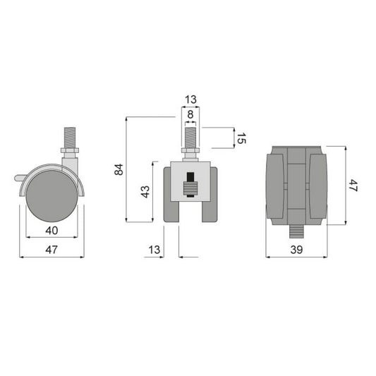 Rueda giratoria de plástico para muebles con rosca de 8 mm y freno - Ø40 mm (2) – Furnica