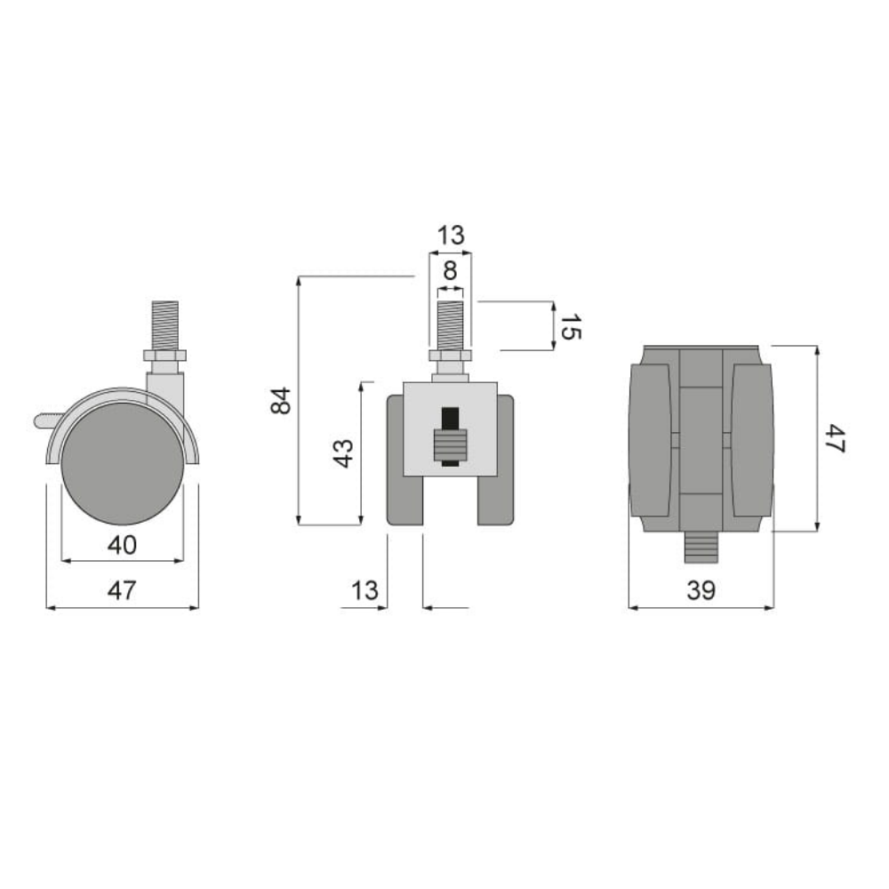 Rueda giratoria de plástico para muebles con rosca de 8 mm y freno - Ø40 mm