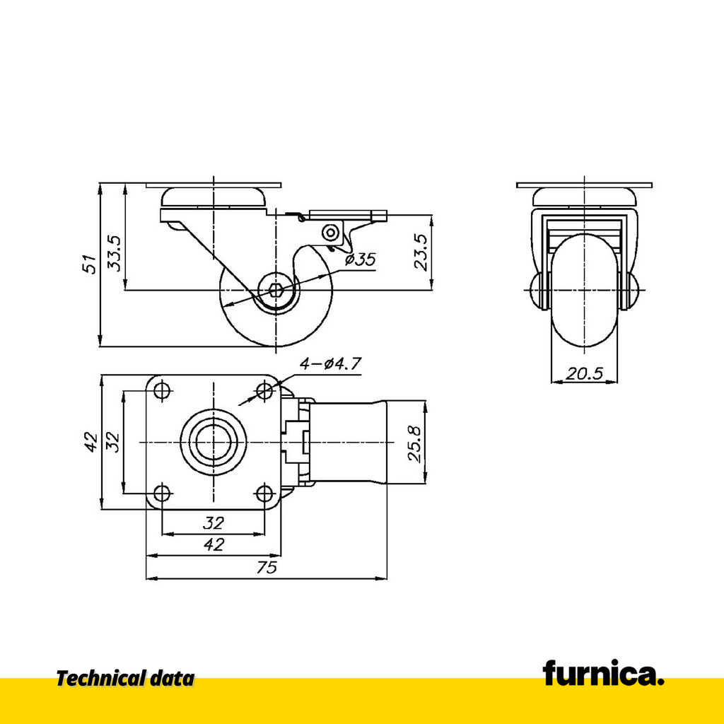 Rueda de mueble con placa de montaje y freno - Transparente - Cromo - Ø3.5cm