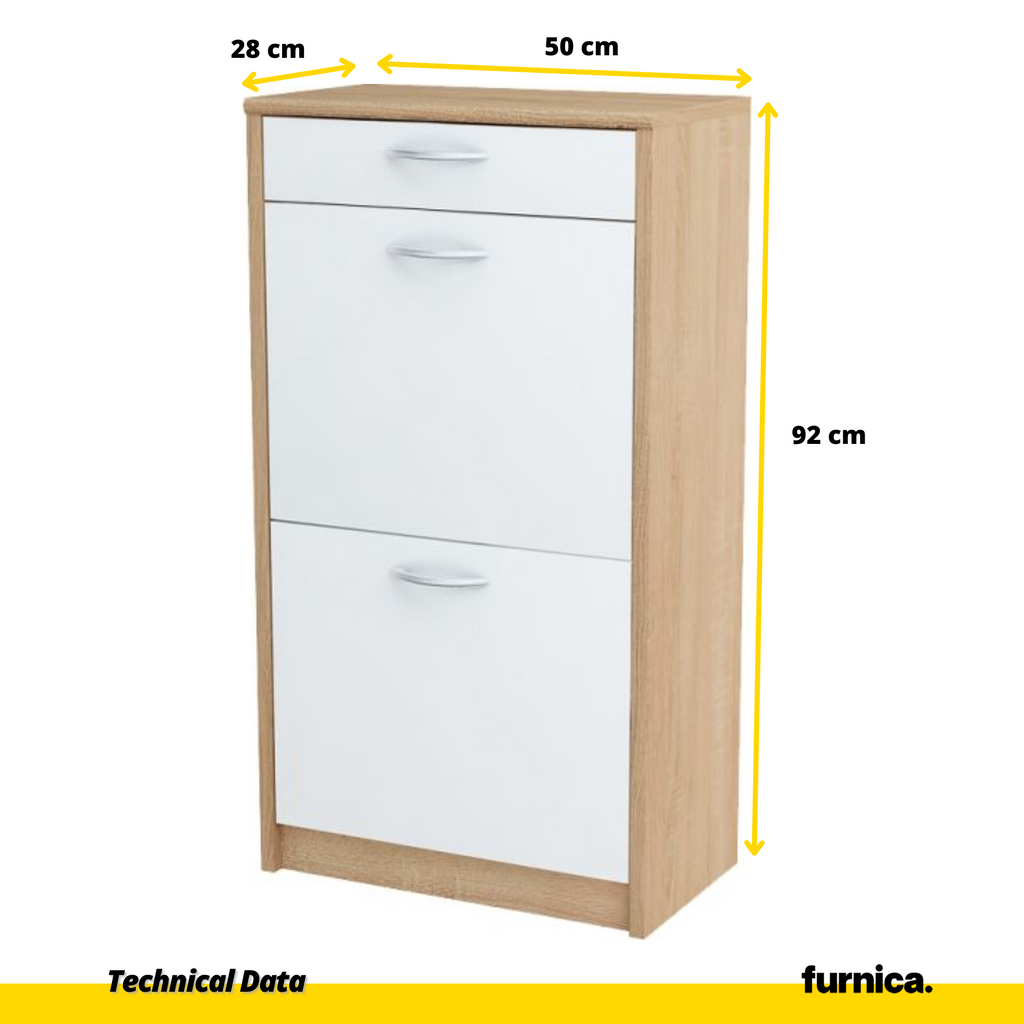 JULIA - Zapatero con 1 cajón y almacenamiento de 2 niveles - Roble Sonoma / Blanco mate H92cm W50cm D28cm