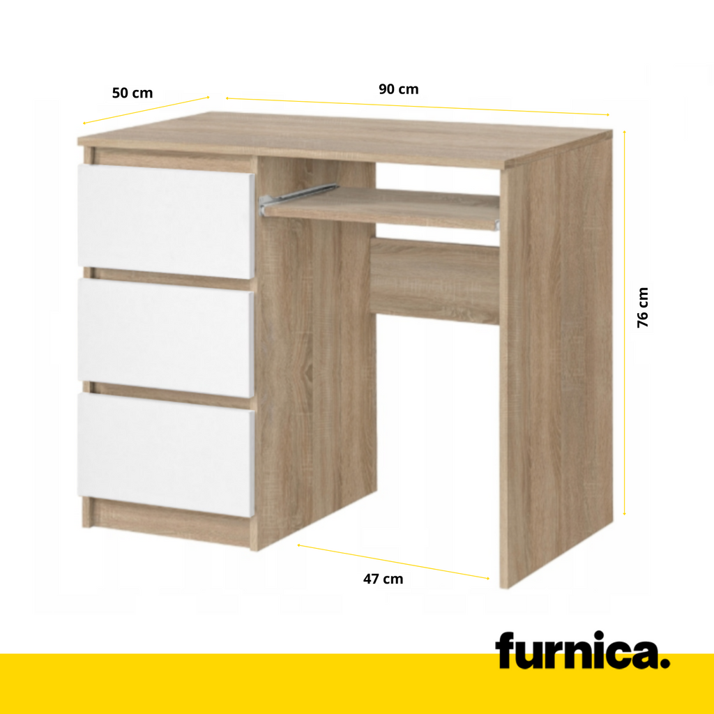 BRUNO - Escritorio de ordenador con 3 cajones y bandeja para teclado A76cm A90cm P50cm Izquierda - Roble Sonoma / Blanco Mate