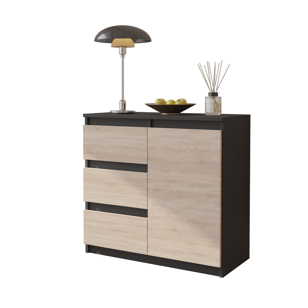 MIKEL - Cómoda de 3 cajones y 1 puerta - Armario de almacenamiento para dormitorio - Aparador - Antracita / Negro Brillante - A75cm A80cm P35cm