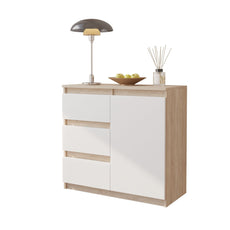 MIKEL - Cómoda de 3 cajones y 1 puerta - Armario de almacenamiento para dormitorio - Aparador - Roble Sonoma / Blanco Mate - A75cm A80cm P35cm