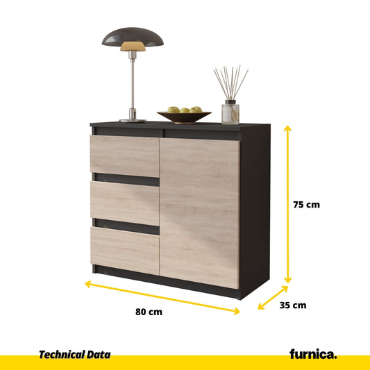 MIKEL - Cómoda de 3 cajones y 1 puerta - Armario de almacenamiento para dormitorio - Aparador - Antracita / Roble Sonoma - A75cm A80cm P35cm