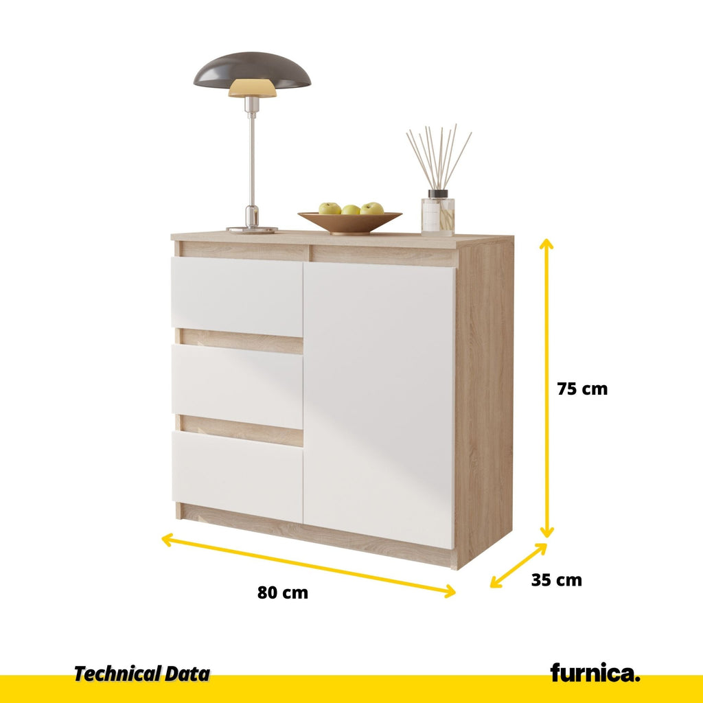 MIKEL - Cómoda de 3 cajones y 1 puerta - Armario de almacenamiento para dormitorio - Aparador - Roble Sonoma / Blanco Mate - A75cm A80cm P35cm