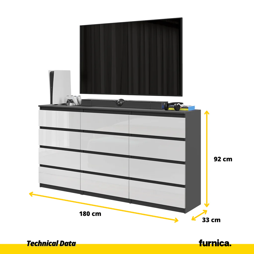 GABRIEL - Cómoda de 12 cajones (8+4) - Armario de almacenamiento para el dormitorio - Aparador - Antracita / Blanco Brillante A92cm A180cm P33cm