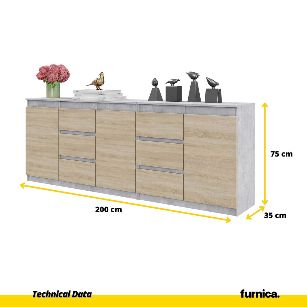 MIKEL - Cómoda de 6 cajones y 3 puertas - Armario de almacenamiento para dormitorio - Aparador - Hormigón / Roble Sonoma - A75cm A200cm P35cm