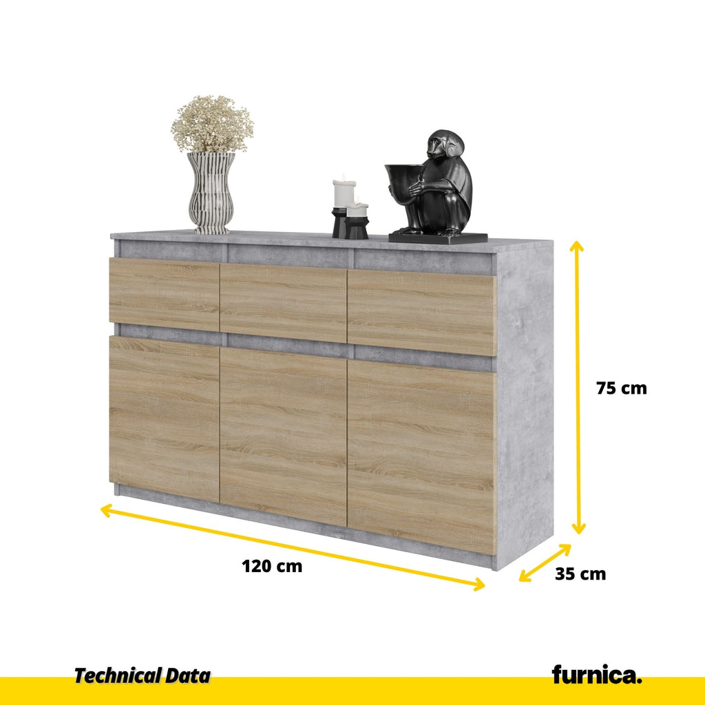 NOAH - Cómoda de 3 cajones y 3 puertas - Armario de almacenamiento para dormitorio - Aparador - Hormigón / Roble Sonoma - A75cm A120cm P35cm