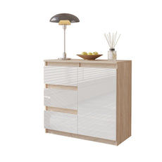 MIKEL - Cómoda de 3 cajones y 1 puerta - Armario de almacenamiento para dormitorio - Aparador - Roble Sonoma / Blanco Brillante - A75cm A80cm P35cm