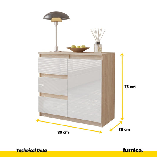 MIKEL - Cómoda de 3 cajones y 1 puerta - Armario de almacenamiento para dormitorio - Aparador - Roble Sonoma / Blanco Brillante - A75cm A80cm P35cm