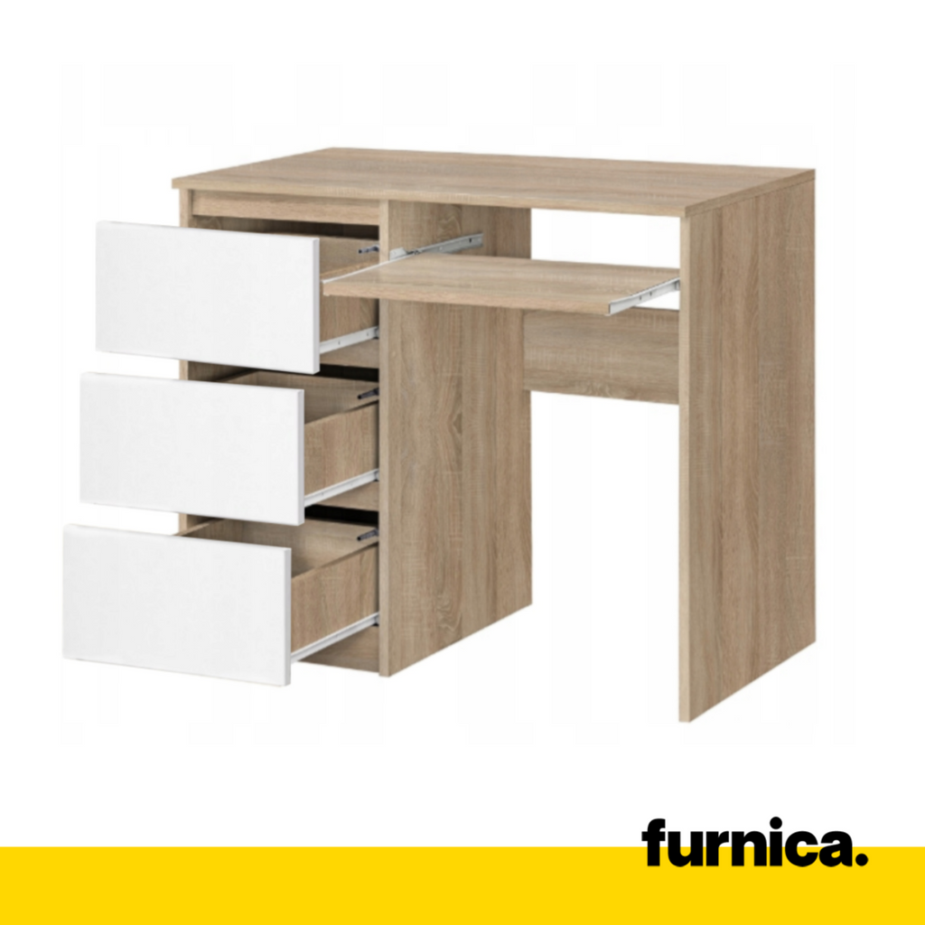 BRUNO - Escritorio de ordenador con 3 cajones y bandeja para teclado A76cm A90cm P50cm Izquierda - Roble Sonoma / Blanco Mate