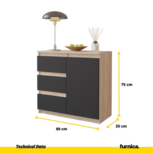 MIKEL - Cómoda de 3 cajones y 1 puerta - Armario de almacenamiento para el dormitorio - Aparador - Roble Sonoma / Antracita - A75cm A80cm P35cm