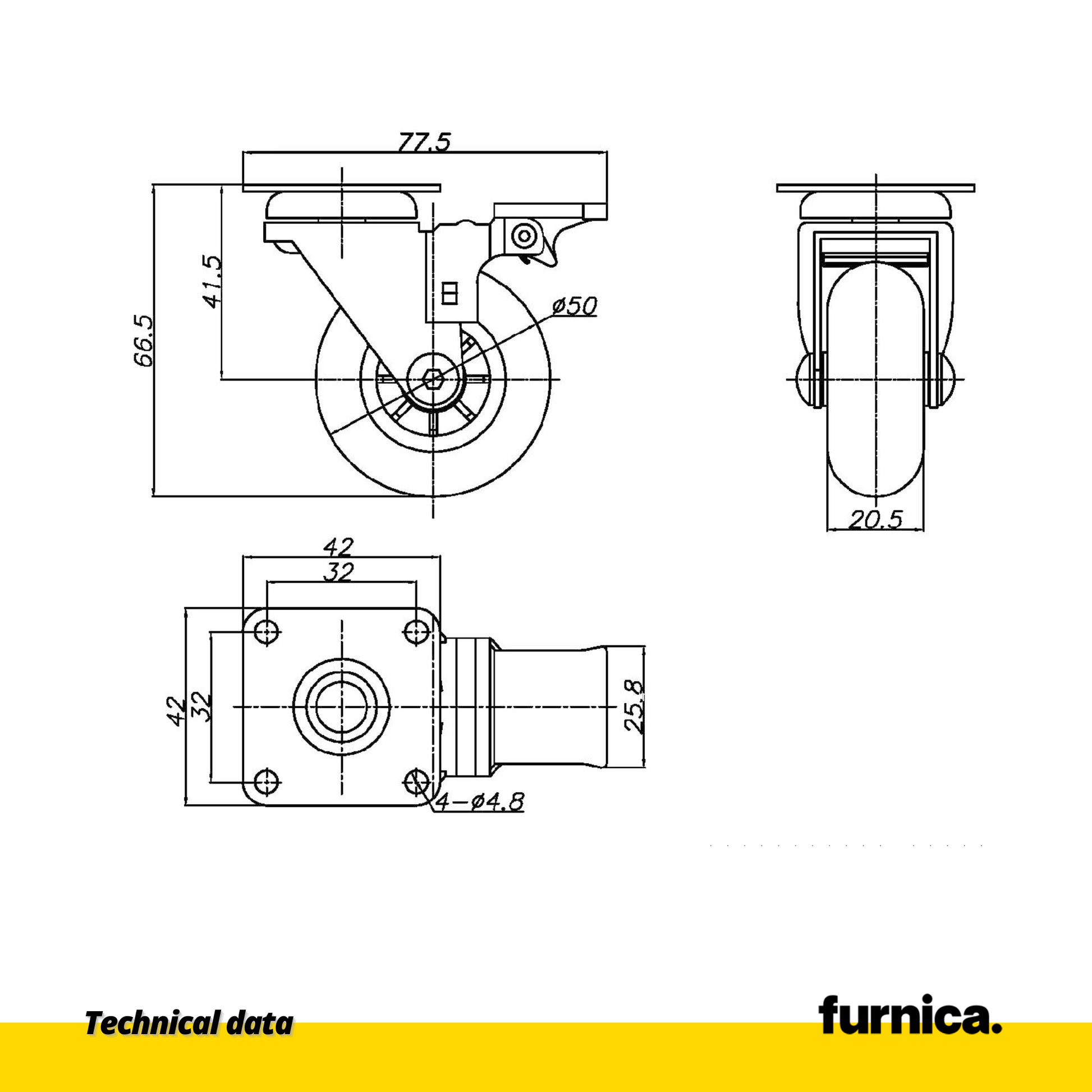 Rueda de mueble con placa de montaje y freno - Transparente - Cromo - Ø5.0cm (2) – Furnica