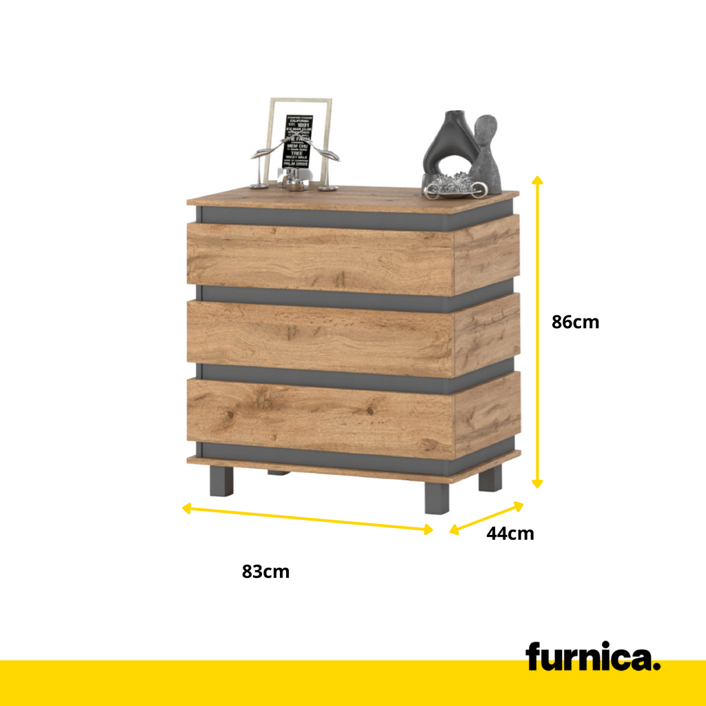 MARGARET - Cómoda de 3 cajones - Armario de almacenamiento para el dormitorio - Aparador - Antracita / Roble Wotan - A86cm A83cm P44cm