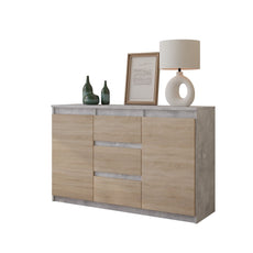 MIKEL - Cómoda de 3 cajones y 2 puertas - Gabinete de almacenamiento para dormitorio - Hormigón / Roble Sonoma - A75cm A120cm P35cm