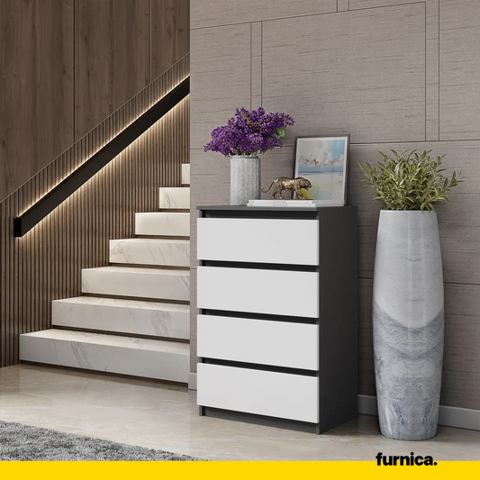 GABRIEL - Cómoda de 4 cajones - Armario de almacenamiento para el dormitorio - Aparador - Antracita / Blanco Mate A92cm A60cm P33cm