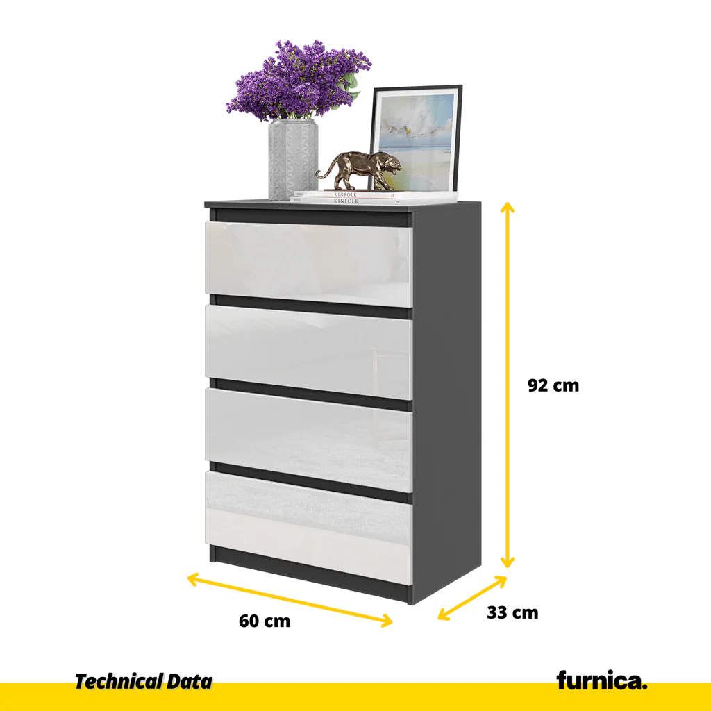 GABRIEL - Cómoda de 4 cajones - Armario de almacenamiento para el dormitorio - Aparador - Antracita / Blanco Brillante (4)