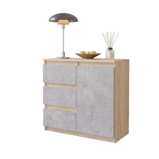 MIKEL - Cómoda de 3 cajones y 1 puerta - Gabinete de almacenamiento para dormitorio - Aparador - Roble Sonoma / Hormigón - A75cm A80cm P35cm