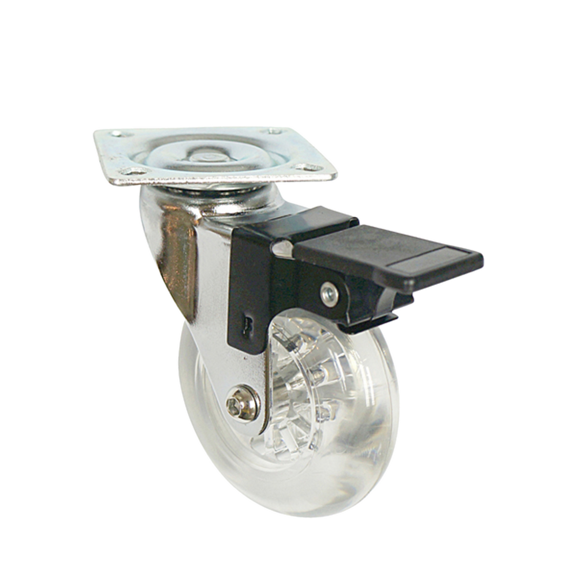 Rueda de mueble con placa de montaje y freno - Transparente - Cromo - Ø7.5cm – Furnica