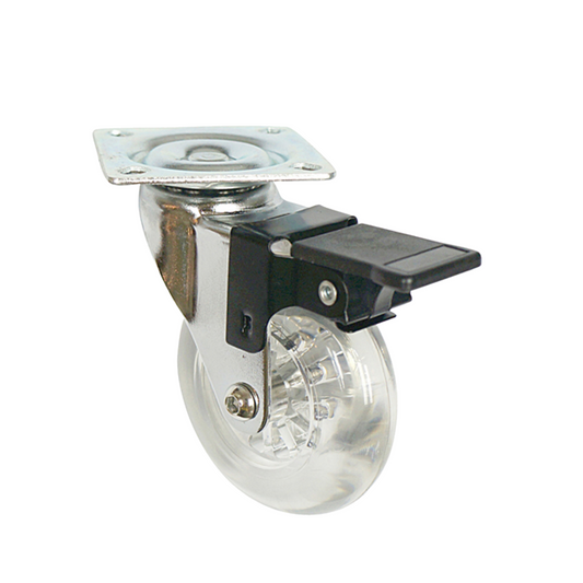Rueda de mueble con placa de montaje y freno - Transparente - Cromo - Ø7.5cm – Furnica