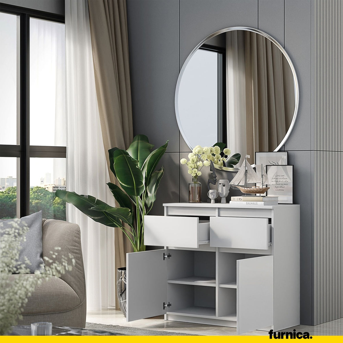 NOAH - Cómoda de 2 cajones y 2 puertas - Armario de almacenamiento para dormitorio - Aparador - Blanco Mate - A75cm (4)