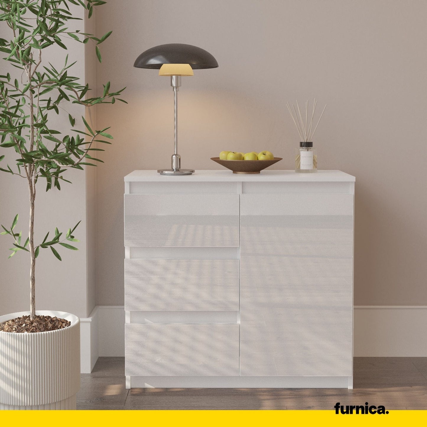 MIKEL - Cómoda de 3 cajones y 1 puerta - Armario de almacenamiento para dormitorio - Blanco Mate / Blanco Brillante - (3)
