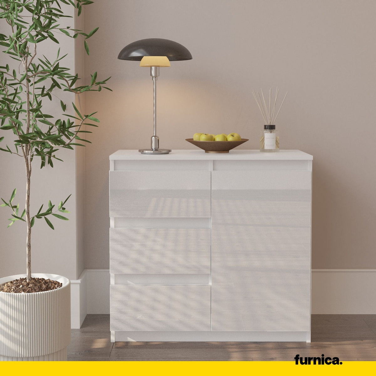 MIKEL - Cómoda de 3 cajones y 1 puerta - Armario de almacenamiento para dormitorio - Blanco Mate / Blanco Brillante - (3)