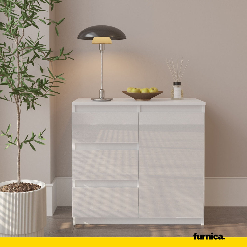 MIKEL - Cómoda de 3 cajones y 1 puerta - Armario de almacenamiento para dormitorio - Blanco Mate / Blanco Brillante - A75cm A80cm P35cm