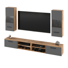 MIRANDA - Mueble TV colgante - 4 armarios - Roble Wotan / Gris Antracita