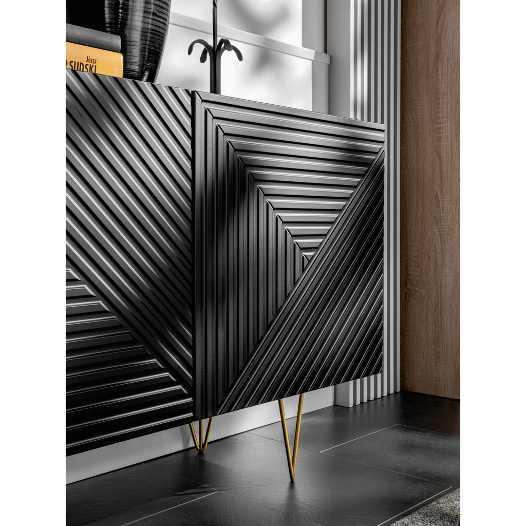 PIRÁMIDE - Aparador con frentes/puertas de MDF fresado en 3D - Negro mate