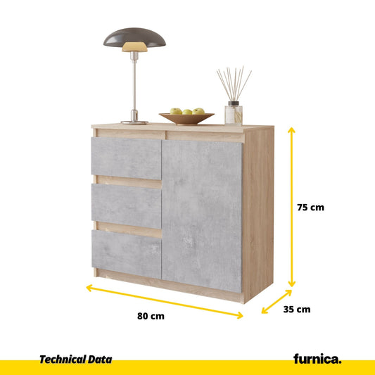 MIKEL - Cómoda de 3 cajones y 1 puerta - Gabinete de almacenamiento para dormitorio - Aparador - Roble Sonoma / Hormigón - A75cm A80cm P35cm