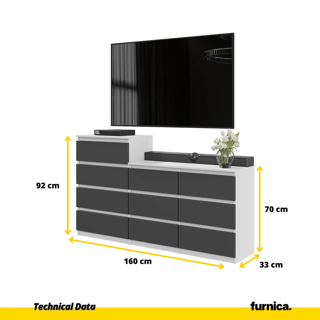 GABRIEL - Cómoda de 10 cajones (6+4) - Armario de almacenamiento para el dormitorio - Aparador - Blanco Mate / Antracita A92/70cm A160cm P33cm