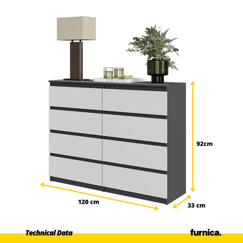 GABRIEL - Cómoda de 8 cajones - Armario de almacenamiento para dormitorio - Antracita / Blanco Mate A92cm A120cm P33cm (4)