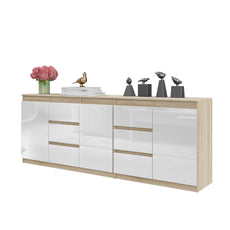 MIKEL - Cómoda de 6 cajones y 3 puertas - Armario de almacenamiento para dormitorio - Aparador - Roble Sonoma / Blanco Brillante - A75cm A200cm P35cm