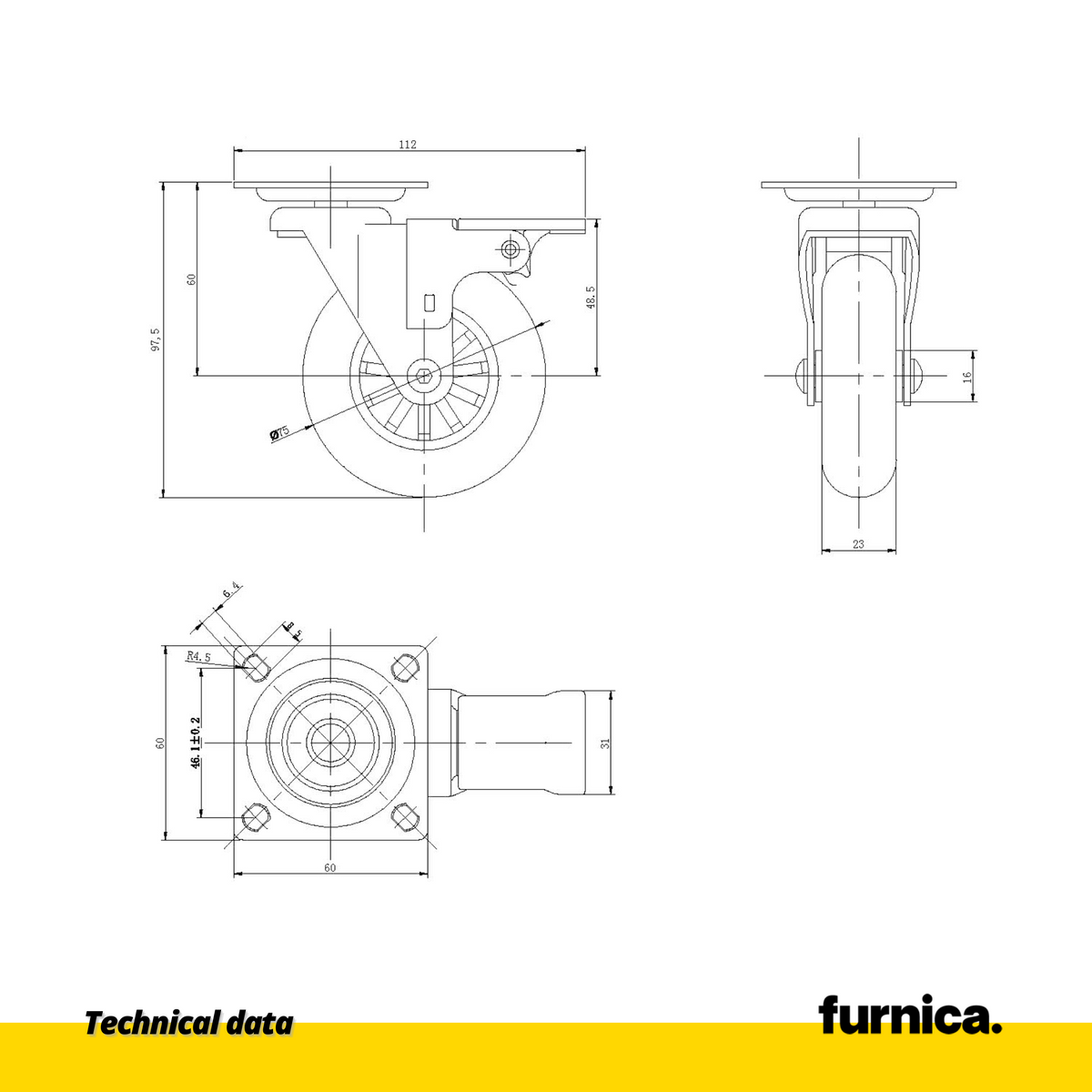 Rueda de mueble con placa de montaje y freno - Transparente - Cromo - Ø7.5cm (2) – Furnica