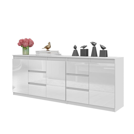MIKEL - Cómoda de 6 cajones y 3 puertas - Armario de almacenamiento para dormitorio - Aparador - Blanco Mate / Blanco