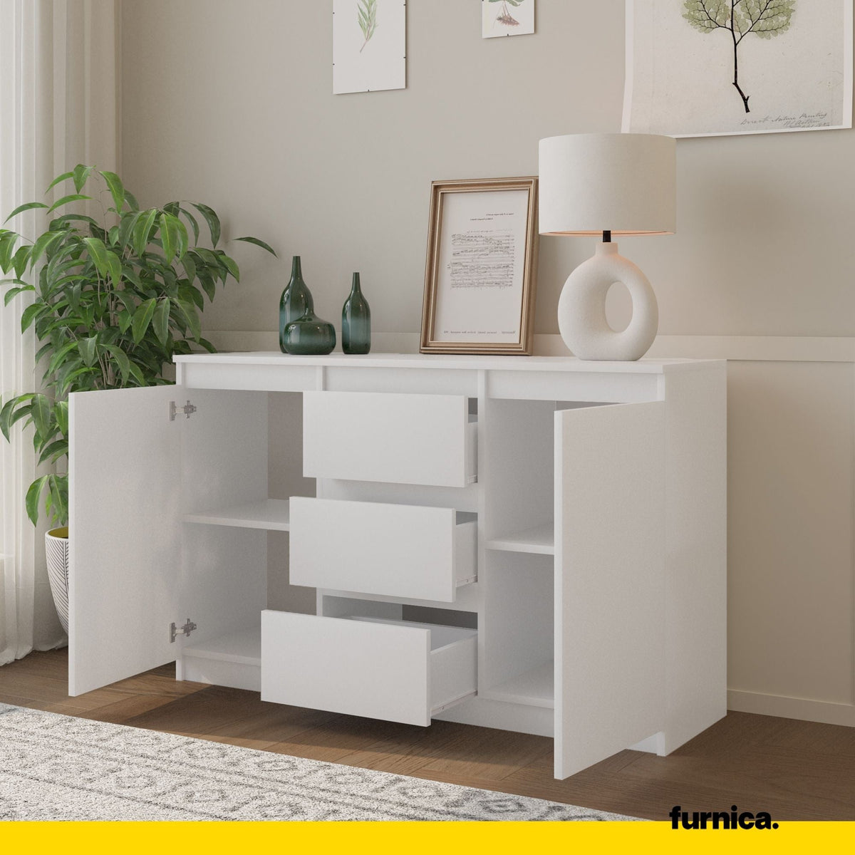 MIKEL - Cómoda de 3 cajones y 2 puertas - Armario de almacenamiento para dormitorio - Aparador - Blanco Mate - A75cm (5)