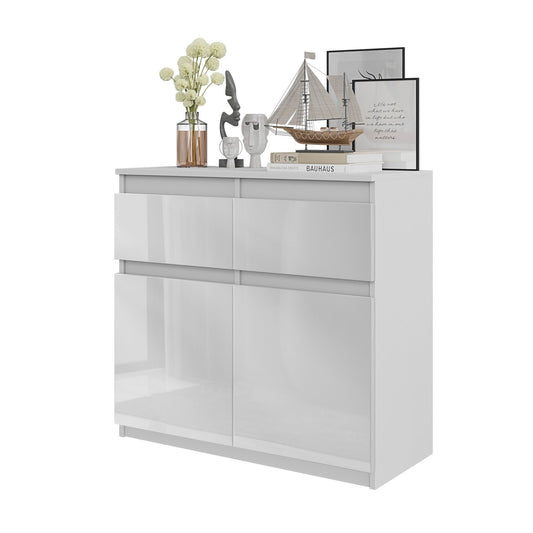 NOAH - Cómoda de 2 cajones y 2 puertas - Armario de almacenamiento para dormitorio - Blanco Mate / Blanco Brillante - A75cm