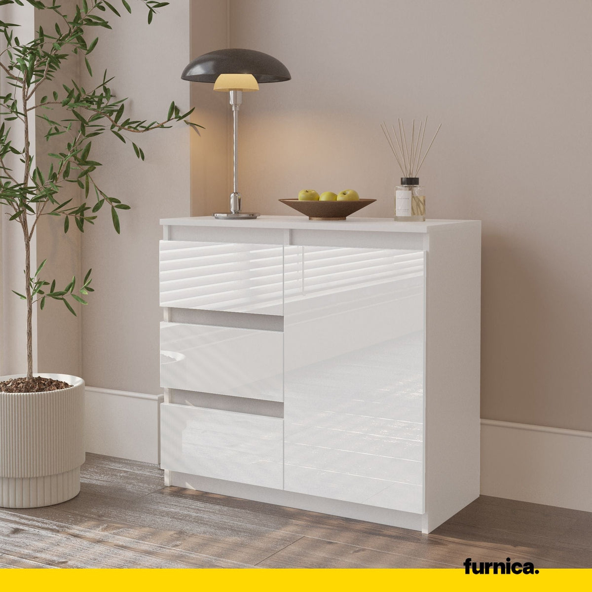 MIKEL - Cómoda de 3 cajones y 1 puerta - Armario de almacenamiento para dormitorio - Blanco Mate / Blanco Brillante - (4)