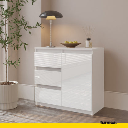 MIKEL - Cómoda de 3 cajones y 1 puerta - Armario de almacenamiento para dormitorio - Blanco Mate / Blanco Brillante - (4)