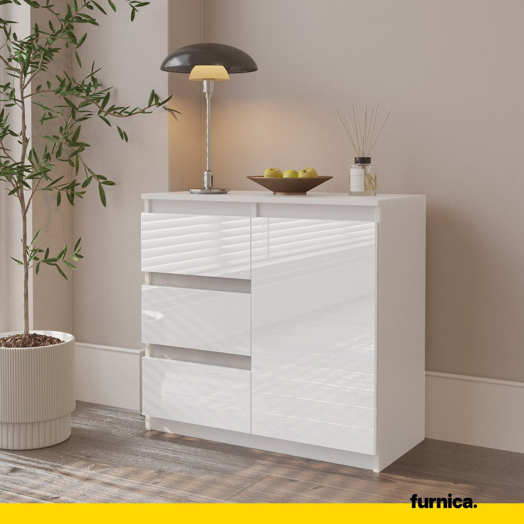 MIKEL - Cómoda de 3 cajones y 1 puerta - Armario de almacenamiento para dormitorio - Blanco Mate / Blanco Brillante - A75cm A80cm P35cm