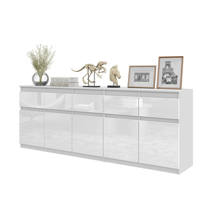 NOAH - Cómoda de 5 cajones y 5 puertas - Armario de almacenamiento para dormitorio - Blanco Mate / Blanco Brillante - A75cm
