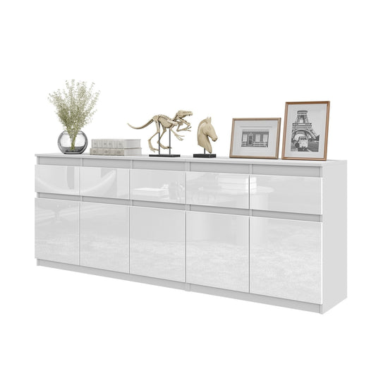 NOAH - Cómoda de 5 cajones y 5 puertas - Armario de almacenamiento para dormitorio - Blanco Mate / Blanco Brillante - A75cm