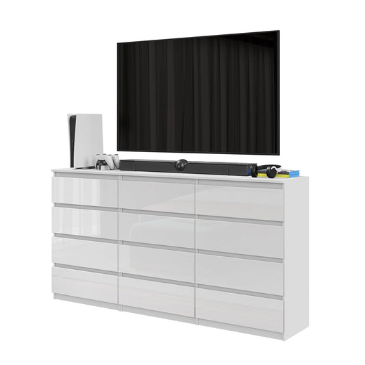 GABRIEL - Cómoda de 12 cajones (8+4) - Armario de almacenamiento para el dormitorio - Aparador - Blanco Brillante - A92cm