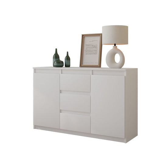 MIKEL - Cómoda de 3 cajones y 2 puertas - Armario de almacenamiento para dormitorio - Aparador - Blanco Mate - A75cm A120cm