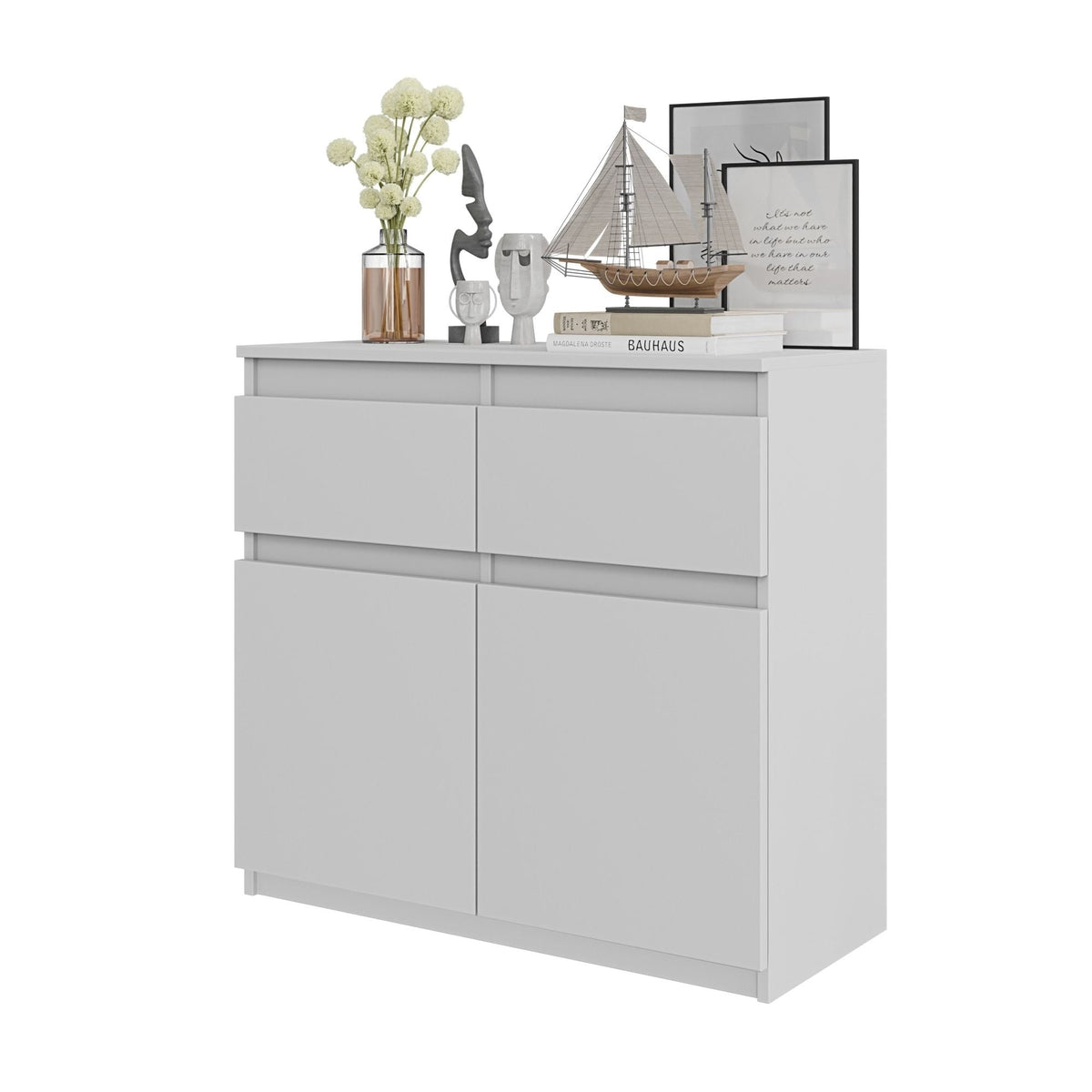NOAH - Cómoda de 2 cajones y 2 puertas - Armario de almacenamiento para dormitorio - Aparador - Blanco Mate - A75cm A80cm