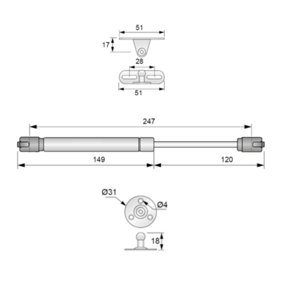 Pistón de gas inverso de 250 mm y 60 N