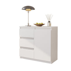 MIKEL - Cómoda de 3 cajones y 1 puerta - Armario de almacenamiento para el dormitorio - Aparador - Blanco Mate - A75cm A80cm P35cm